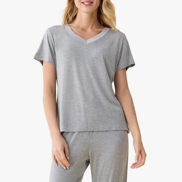 Latuza V-neck Sleepwear Short Sleeves Top Light Gray - Picture 1 of 7